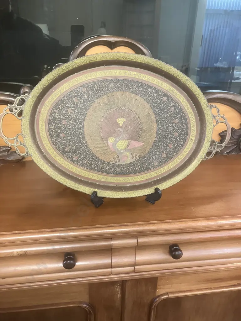Vintage Indian Brass Enamelled Peacock Oval Tray. 56 x 34.5cm Image 1++