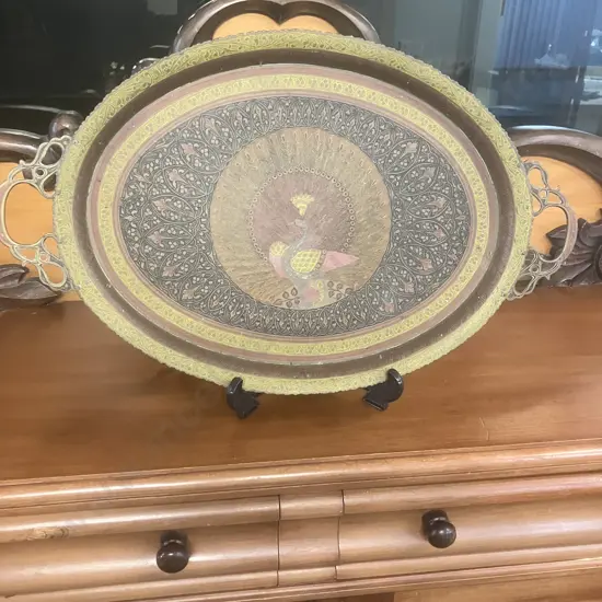 Vintage Indian Brass Enamelled Peacock Oval Tray. 56 x 34.5cm