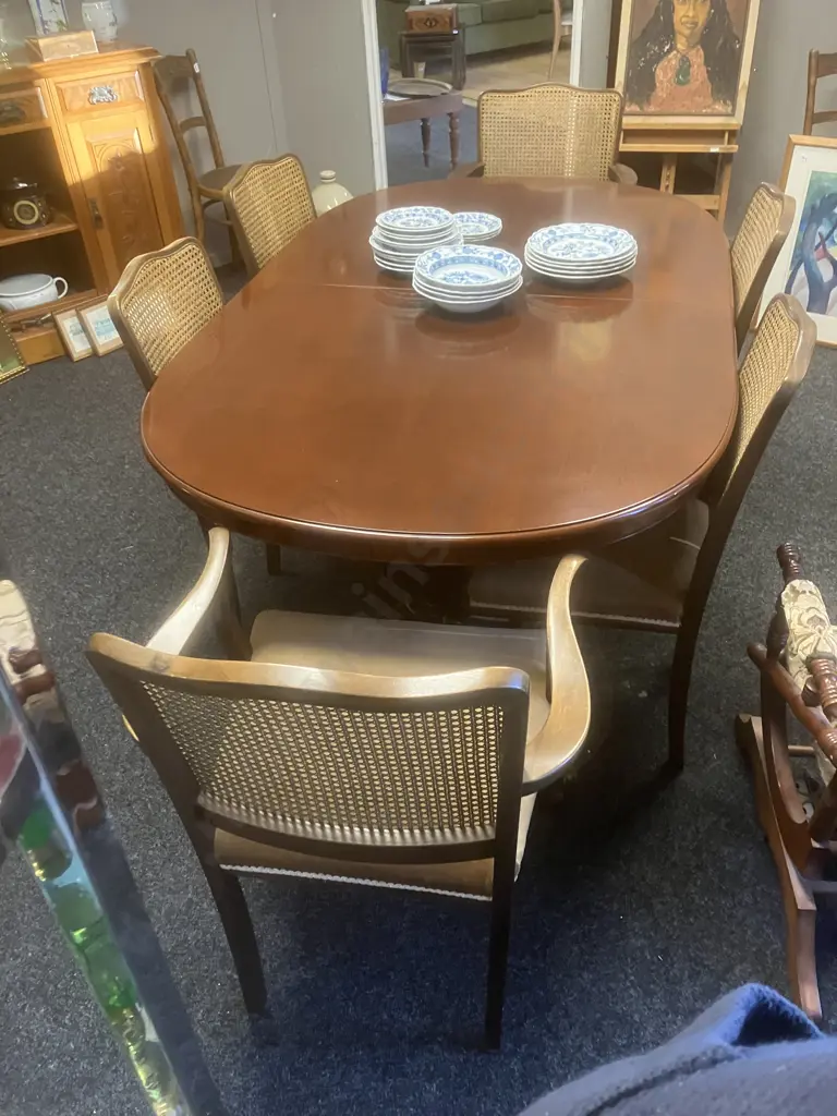 Mahogany Oval Extn Dining Table, Brass Claw Feet With 6 Cane Back Chairs Incl 2 x Carvers, Gold Draylon Seats Image 1++
