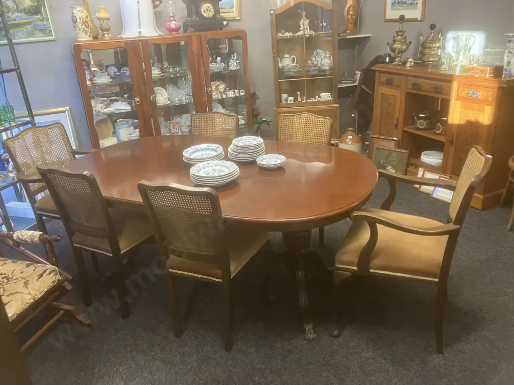 Mahogany Oval Extn Dining Table, Brass Claw Feet With 6 Cane Back Chairs Incl 2 x Carvers, Gold Draylon Seats Image 1++