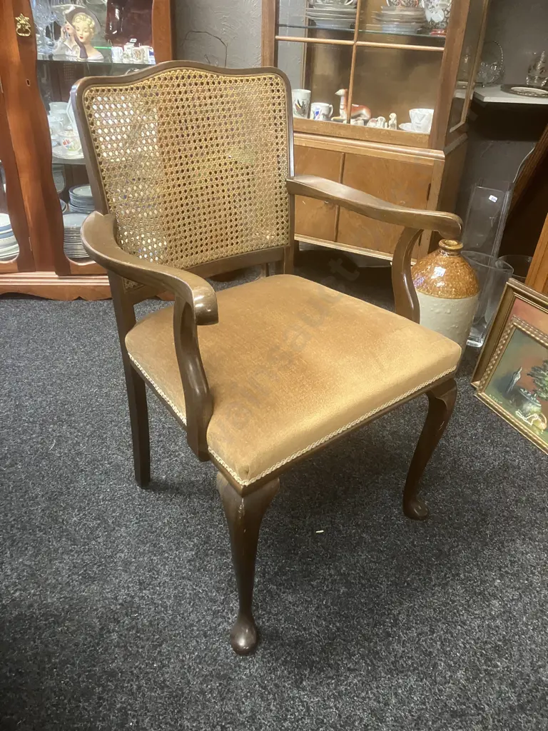 Mahogany Oval Extn Dining Table, Brass Claw Feet With 6 Cane Back Chairs Incl 2 x Carvers, Gold Draylon Seats Image 1++