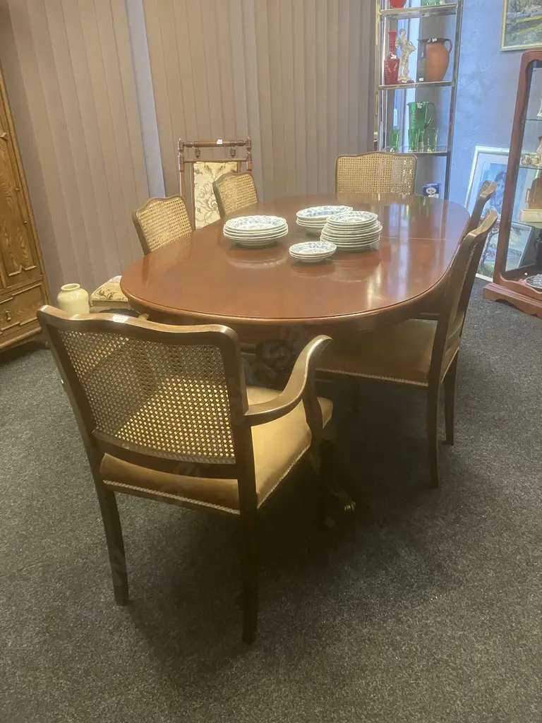Mahogany Oval Extn Dining Table, Brass Claw Feet With 6 Cane Back Chairs Incl 2 x Carvers, Gold Draylon Seats Image 1++