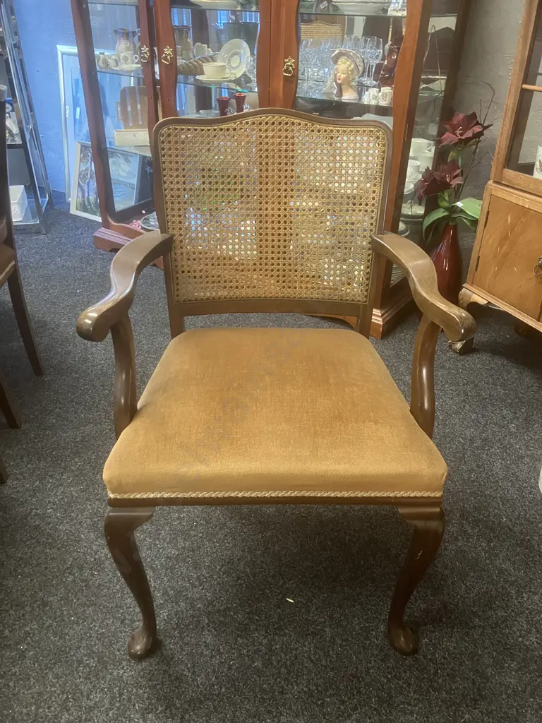 Mahogany Oval Extn Dining Table, Brass Claw Feet With 6 Cane Back Chairs Incl 2 x Carvers, Gold Draylon Seats Image 1++