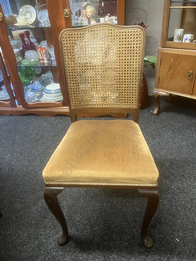 Mahogany Oval Extn Dining Table, Brass Claw Feet With 6 Cane Back Chairs Incl 2 x Carvers, Gold Draylon Seats Image 1++