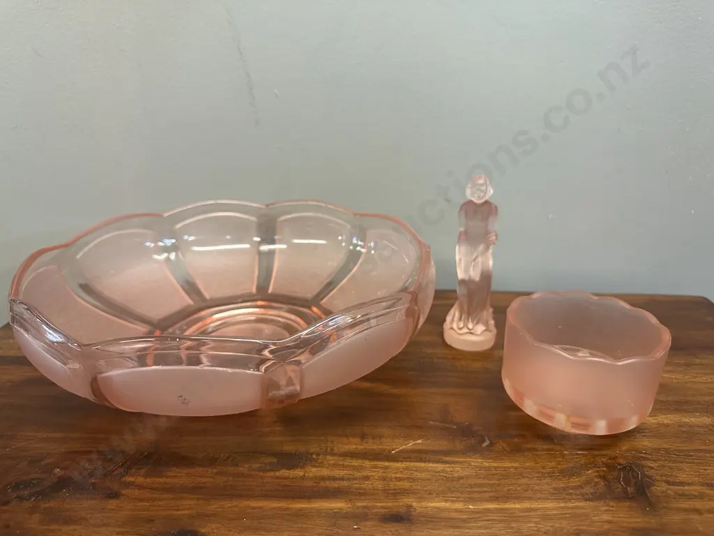 Vintage Art Deco Pink Pressed Bowl, Figurine & Flower Frog Image 1++