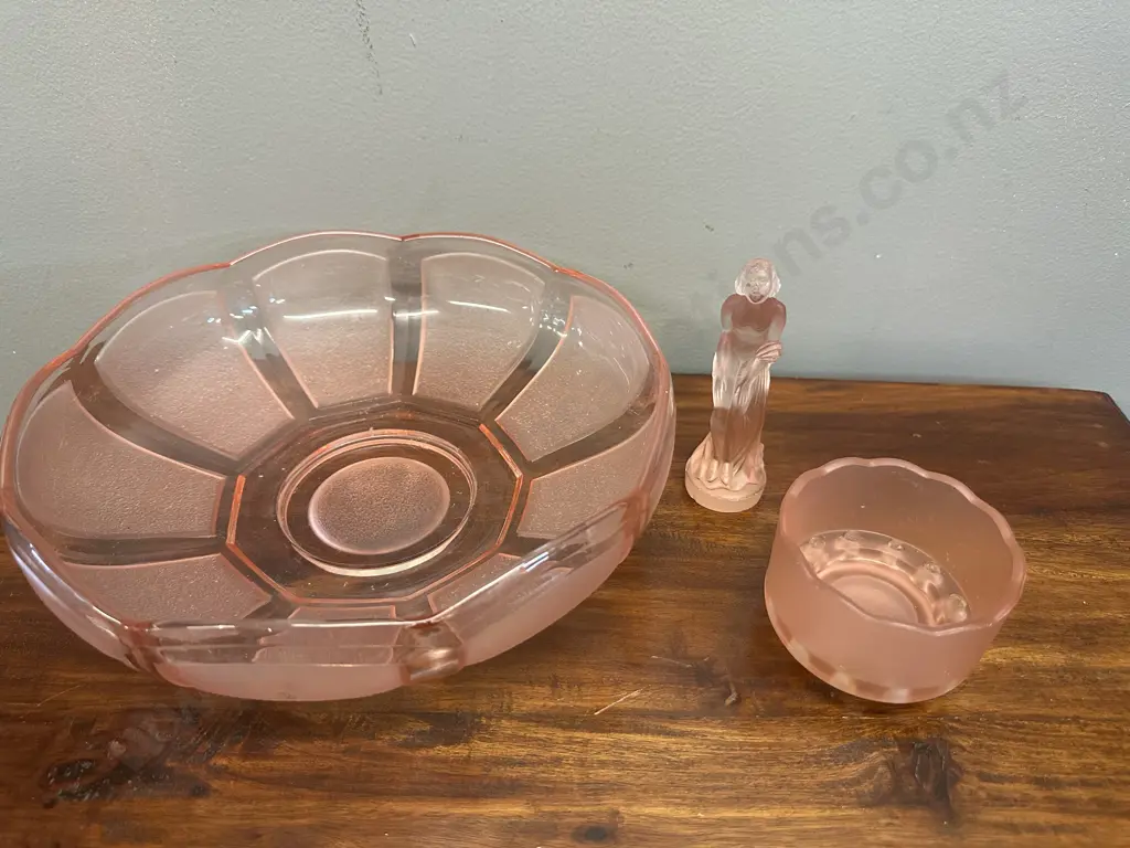 Vintage Art Deco Pink Pressed Bowl, Figurine & Flower Frog Image 1++