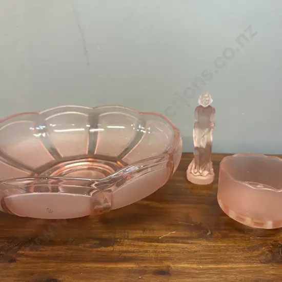 Vintage Art Deco Pink Pressed Bowl, Figurine & Flower Frog