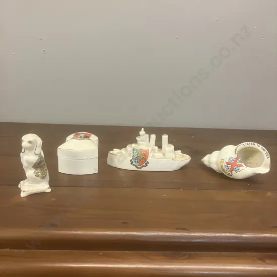 Vintage Arcadian Miniature Crested Dog & Trinket Box With Lid, W&R Battleship, Seashell - England