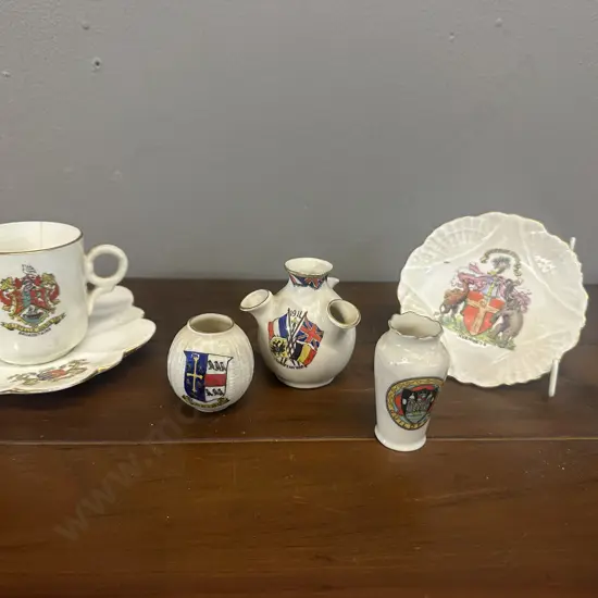 Crested China Souvenir Mug, Miniature Posy Vases Etc