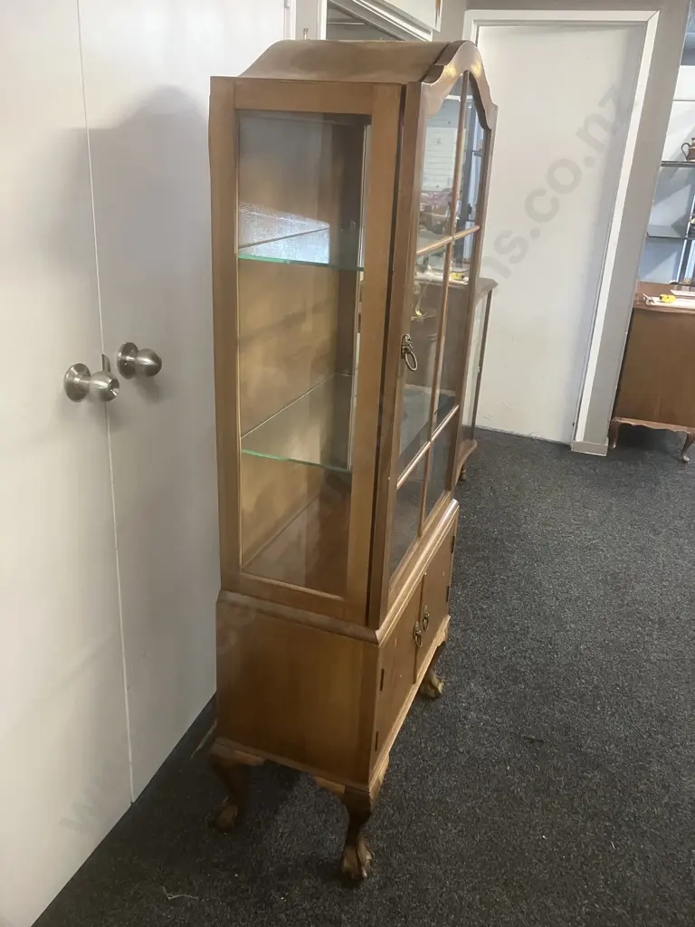 Antique Queen Anne Style Dome Top Display Cabinet, Carved Ball & Claw Feet, Glass Shelves. 2 Door Base, Ring Handles Image 1++