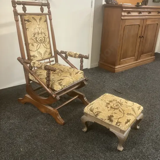 Vintage Wooden Platform Rocker With Footstool