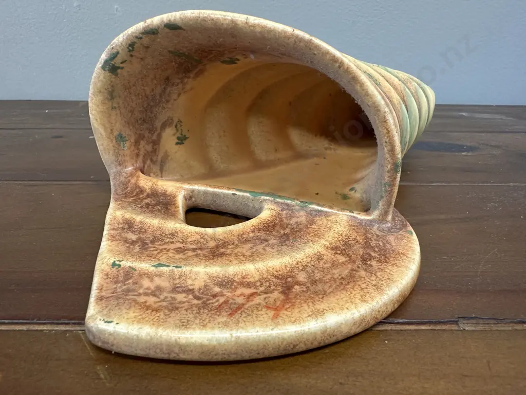 Art Deco Beswick Ceramic Sea Shell Pocket Vase Mottled Yellow/Brown & Green Glaze H23cm. Image 1++