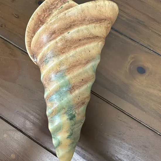 Art Deco Beswick Ceramic Sea Shell Pocket Vase Mottled Yellow/Brown & Green Glaze H23cm.