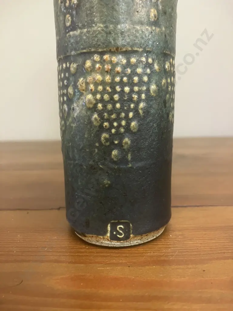A Graeme Storm Tall Vase - Blue / Green Glaze With Patterned Vertical Bands. H23.5cm Image 1++