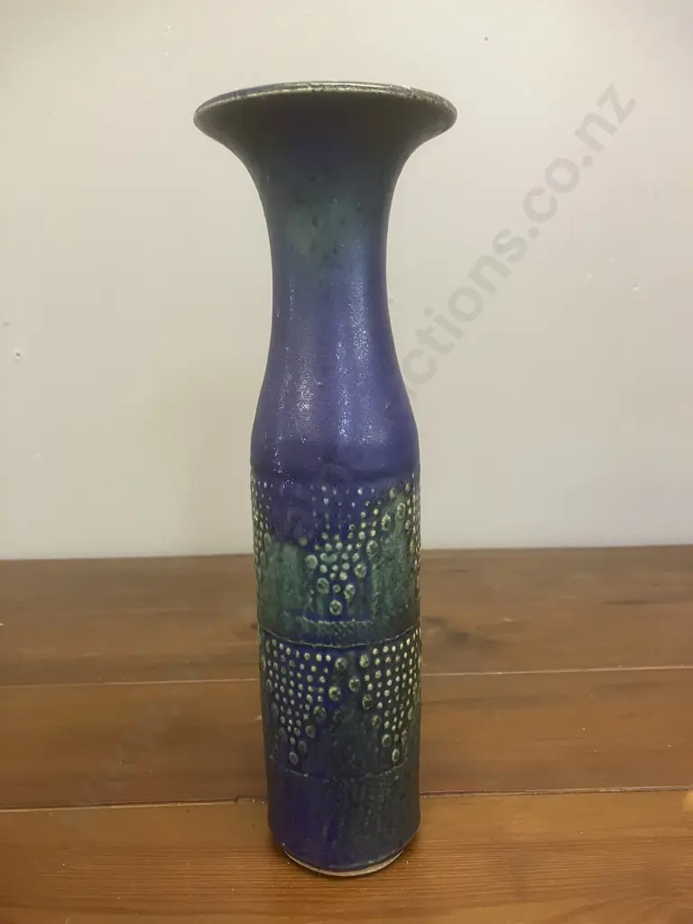A Graeme Storm Tall Vase - Blue / Green Glaze With Patterned Vertical Bands. H23.5cm Image 1++