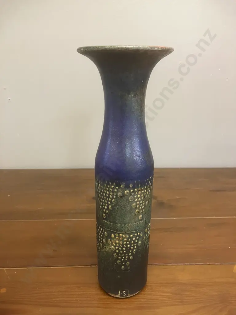 A Graeme Storm Tall Vase - Blue / Green Glaze With Patterned Vertical Bands. H23.5cm Image 1++