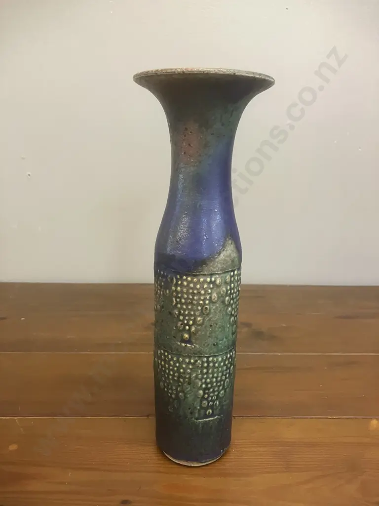 A Graeme Storm Tall Vase - Blue / Green Glaze With Patterned Vertical Bands. H23.5cm Image 1++