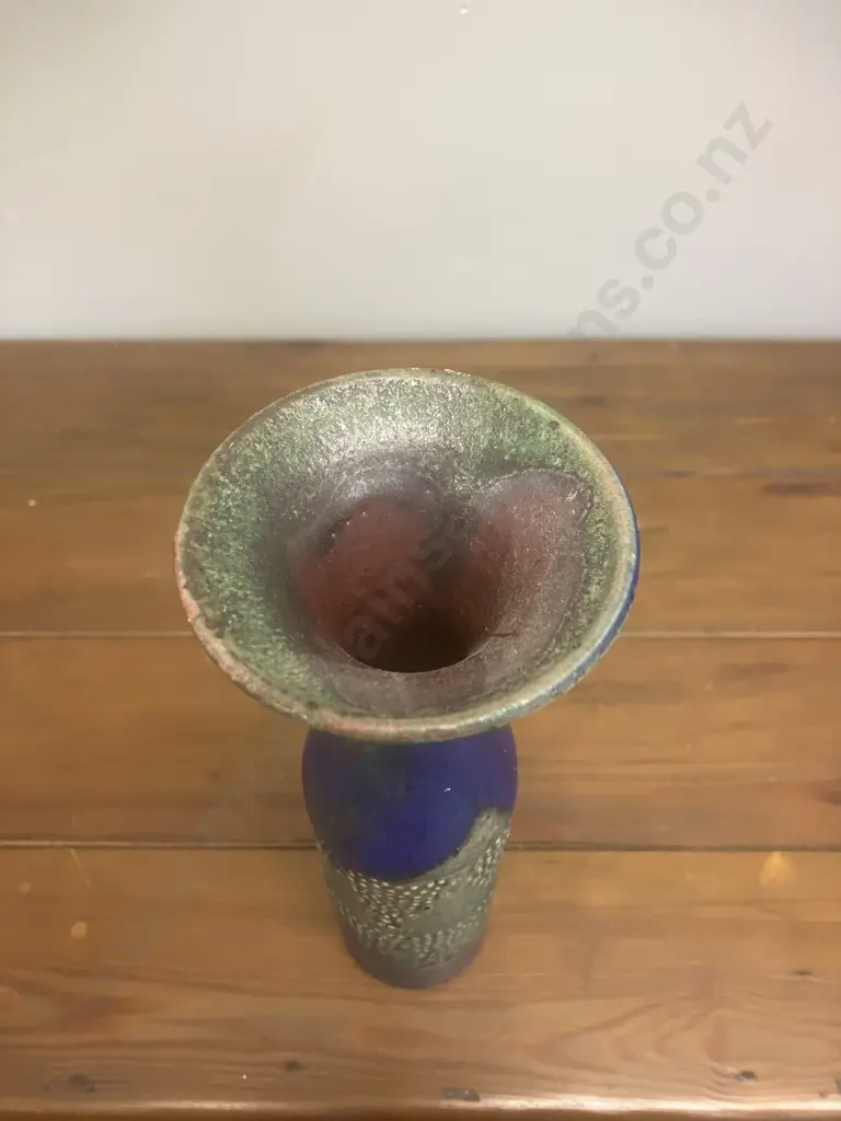 A Graeme Storm Tall Vase - Blue / Green Glaze With Patterned Vertical Bands. H23.5cm Image 1++