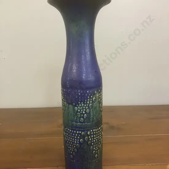 A Graeme Storm Tall Vase - Blue / Green Glaze With Patterned Vertical Bands. H23.5cm