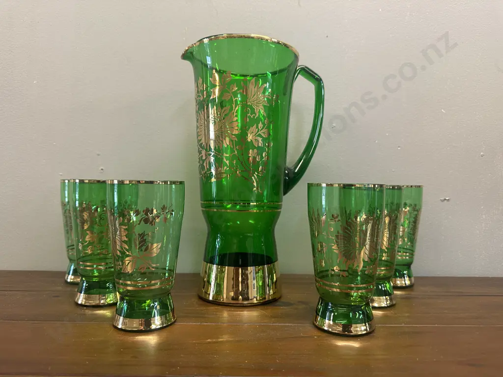 Mid Century Green Pitcher With Six Matching Glasses Gold Etched Floral Detail Image 1++