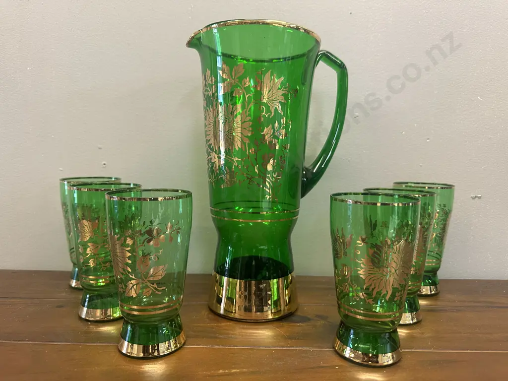 Mid Century Green Pitcher With Six Matching Glasses Gold Etched Floral Detail Image 1++