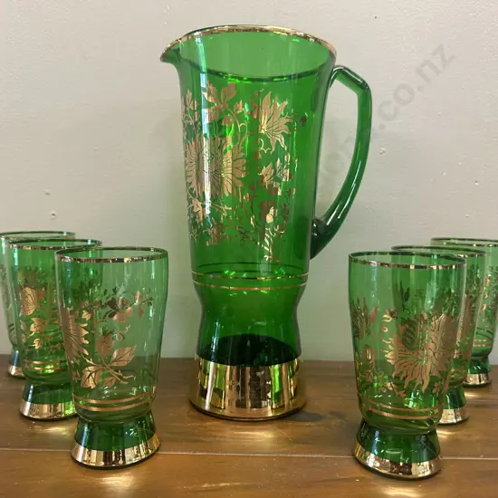 Mid Century Green Pitcher With Six Matching Glasses Gold Etched Floral Detail