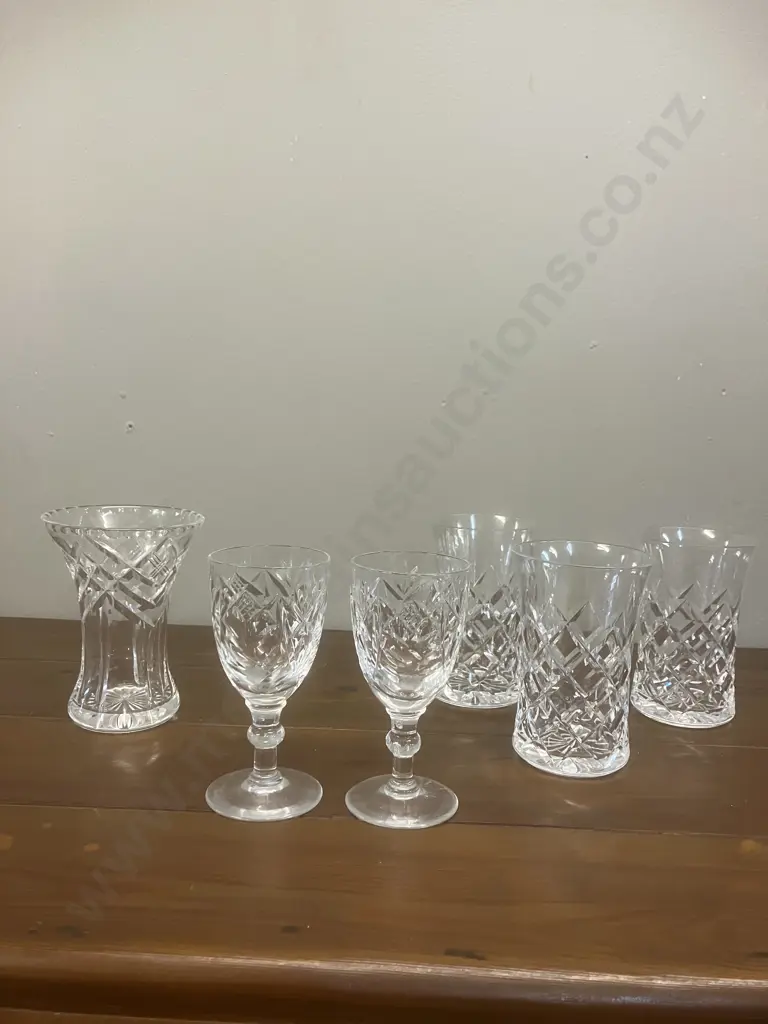 Pair of Webb Corbett Sherry Glasses (1 Chipped On Base), Tudor Crystal Posy Vase, 3 x Fritz Kallenberg? Seltzer Glasses Image 1++