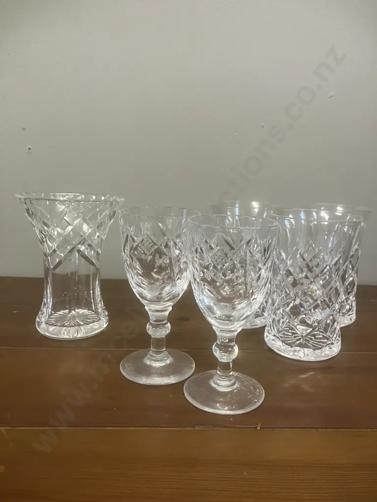 Pair of Webb Corbett Sherry Glasses (1 Chipped On Base), Tudor Crystal Posy Vase, 3 x Fritz Kallenberg? Seltzer Glasses Image 1++