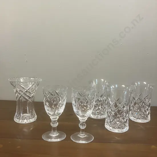 Pair of Webb Corbett Sherry Glasses (1 Chipped On Base), Tudor Crystal Posy Vase, 3 x Fritz Kallenberg? Seltzer Glasses