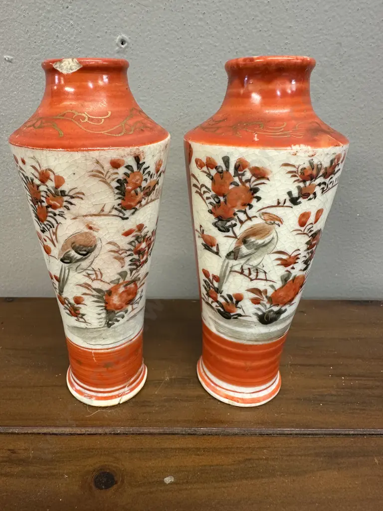 Pair Of Antique Kutani Style Vases H13.5cm. (af) Image 1++
