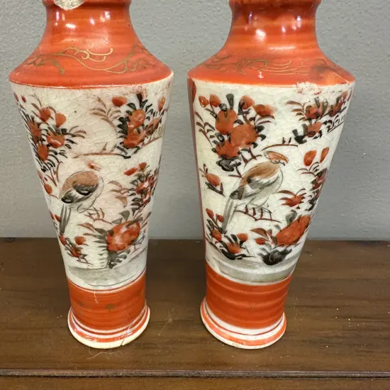 Pair Of Antique Kutani Style Vases H13.5cm. (af)