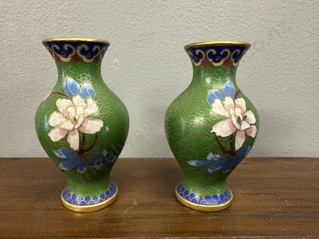 Pair Of Green Cloisonne Enamel Vases Floral Motif H8cm. Image 1++