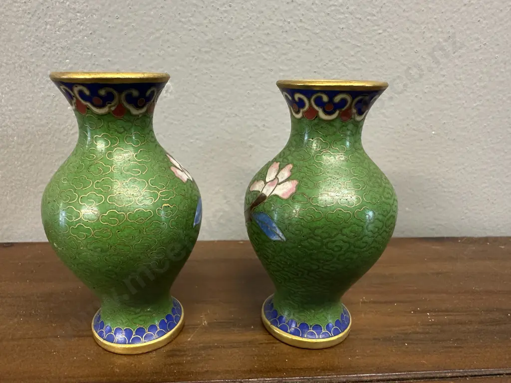 Pair Of Green Cloisonne Enamel Vases Floral Motif H8cm. Image 1++