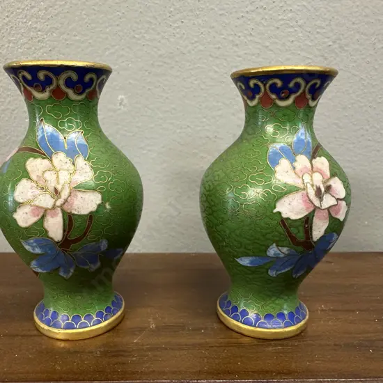 Pair Of Green Cloisonne Enamel Vases Floral Motif H8cm.
