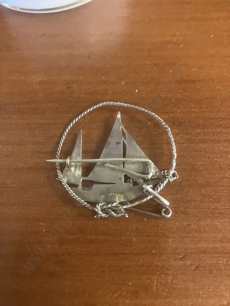 English Bone China Trinket Container & Silver Sailboat Pin Image 1++