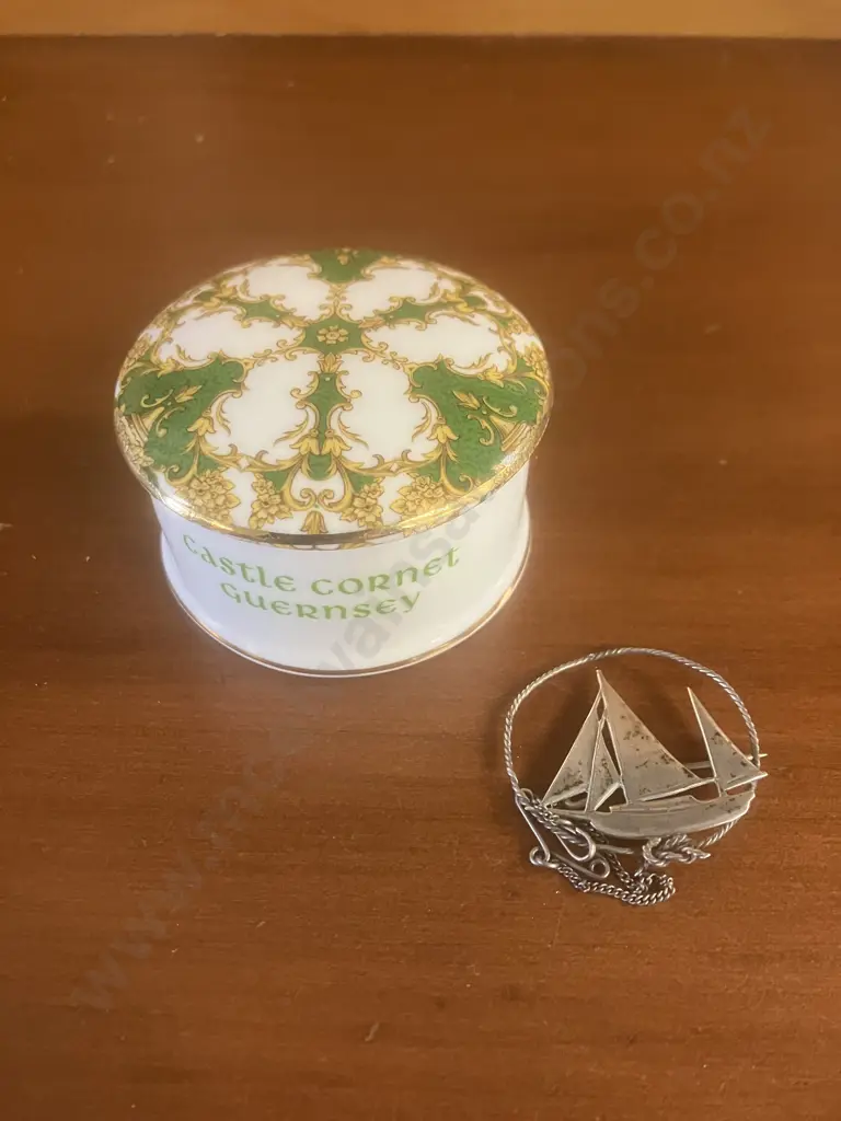 English Bone China Trinket Container & Silver Sailboat Pin Image 1++