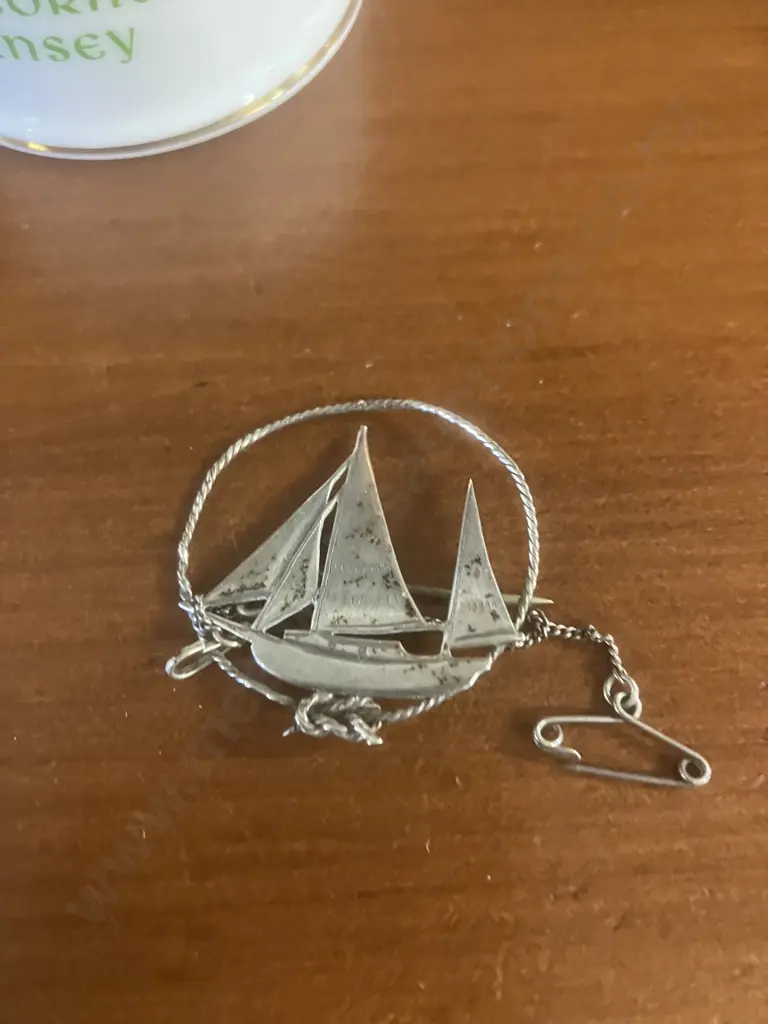 English Bone China Trinket Container & Silver Sailboat Pin Image 1++