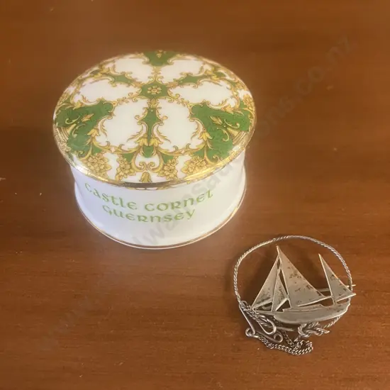 English Bone China Trinket Container & Silver Sailboat Pin