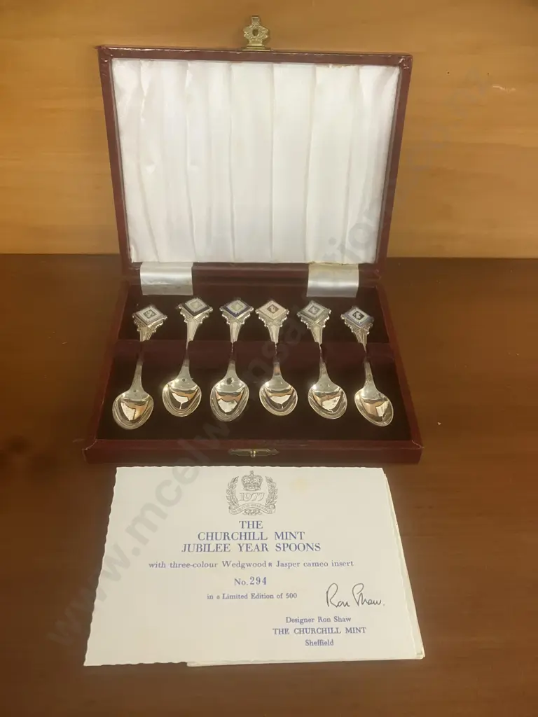 Set of 6 Hallmarked Silver Tri-Colour Wedgwood Jasperware Churchill Mint Jubilee Spoons - Ltd Edition 294 of 500 Image 1++
