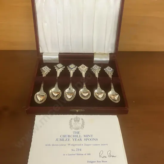 Set of 6 Hallmarked Silver Tri-Colour Wedgwood Jasperware Churchill Mint Jubilee Spoons - Ltd Edition 294 of 500