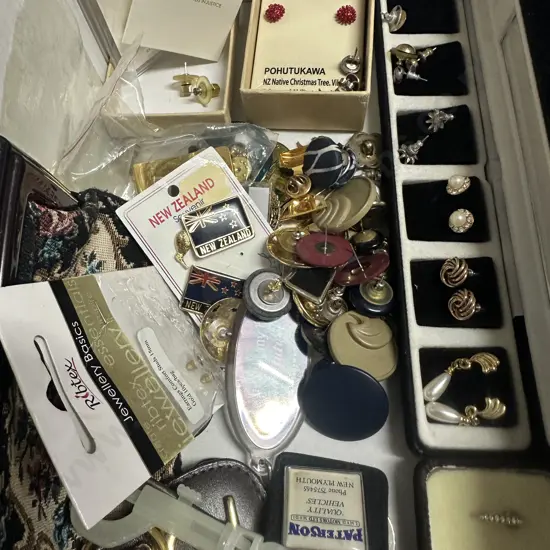 Selection Of Costume Jewellery, Pins, Key Rings, Vintage Purse Etc