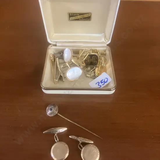 Antique Victorian 9ct Gold Disc Stick Pin, Pair of Rodd 9ct Lined Cufflinks, Costume Jewellery Etc