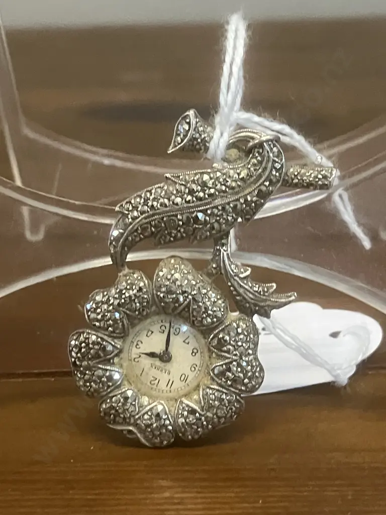 Bernex Art Deco Marcasite and Silver Fob Watch(Nurses Type), Swiss Made, Manual Wind - Stamped Silver Image 1++