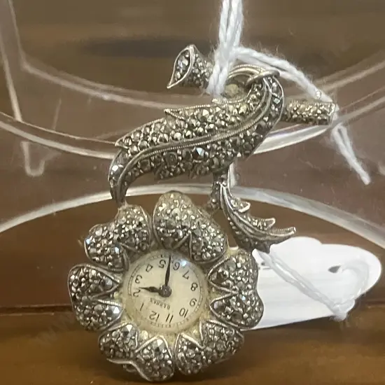 Bernex Art Deco Marcasite and Silver Fob Watch(Nurses Type), Swiss Made, Manual Wind - Stamped Silver