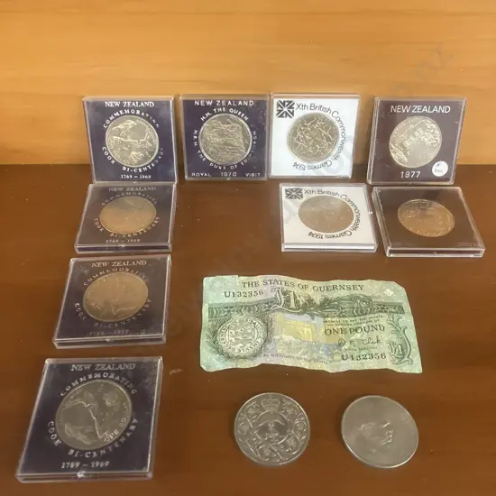 The States of Guernsey One Pound Note U132356, Commorative NZ Coins, Chruchill Coin & 1977 Elizabeth ll Coronation Crown