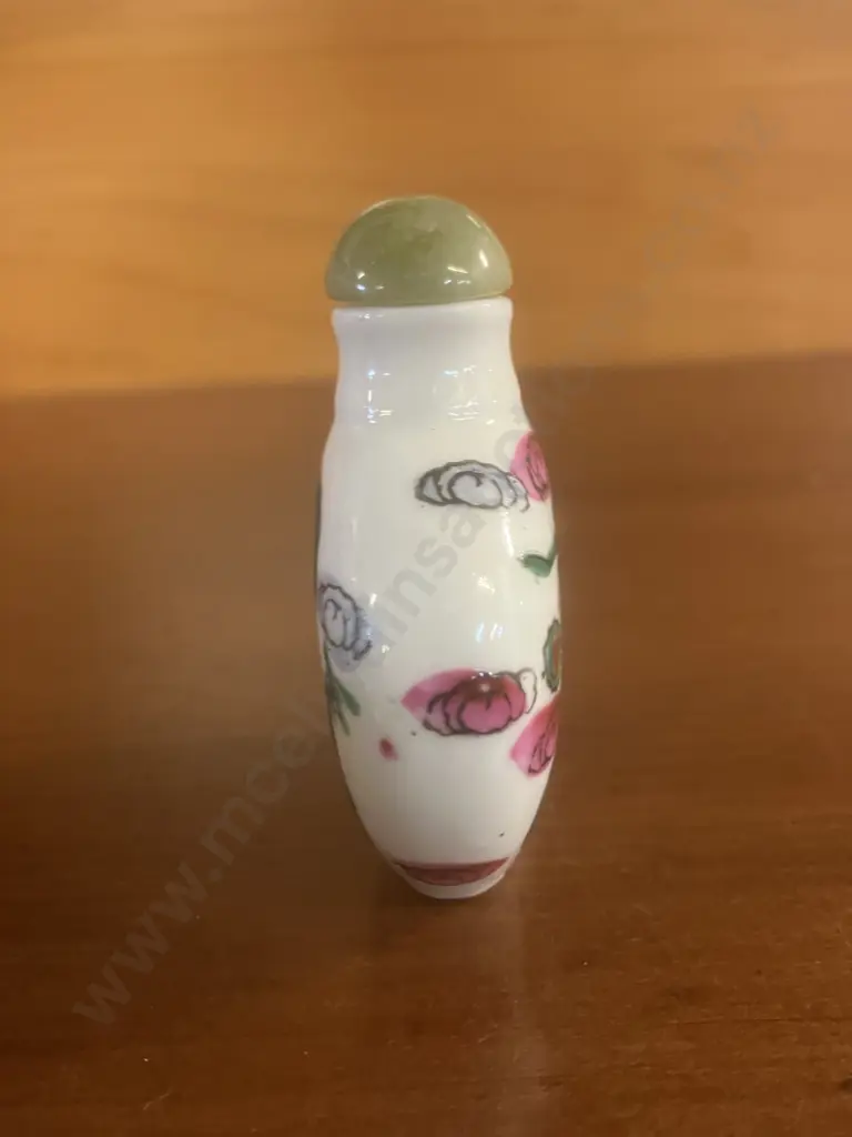 Dragon Scene Chinese Round Shaped Snuff Bottle With Original Green Stone Stopper & Spoon Image 1++