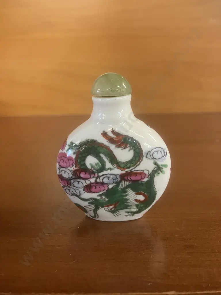 Dragon Scene Chinese Round Shaped Snuff Bottle With Original Green Stone Stopper & Spoon Image 1++