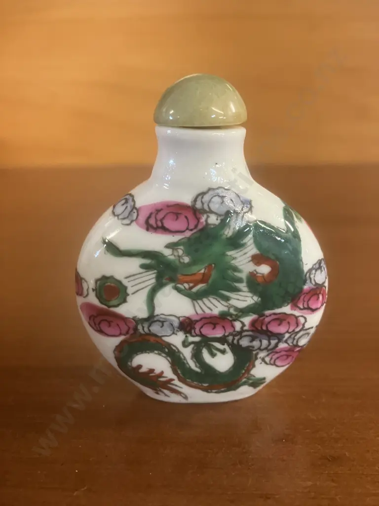 Dragon Scene Chinese Round Shaped Snuff Bottle With Original Green Stone Stopper & Spoon Image 1++