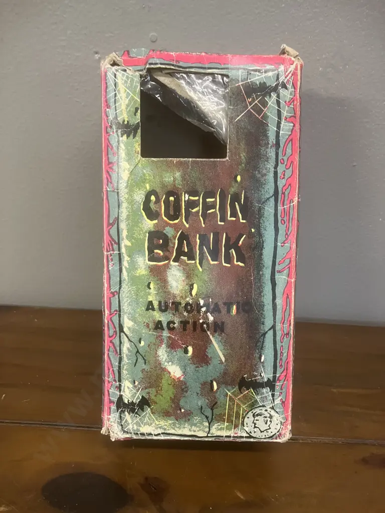 Vintage 1960's Coffin Bank Money Box - Mechanical Wind Up Skeleton Hand Coin Grabber & Box - YONE Japan (Not Working) Image 1++