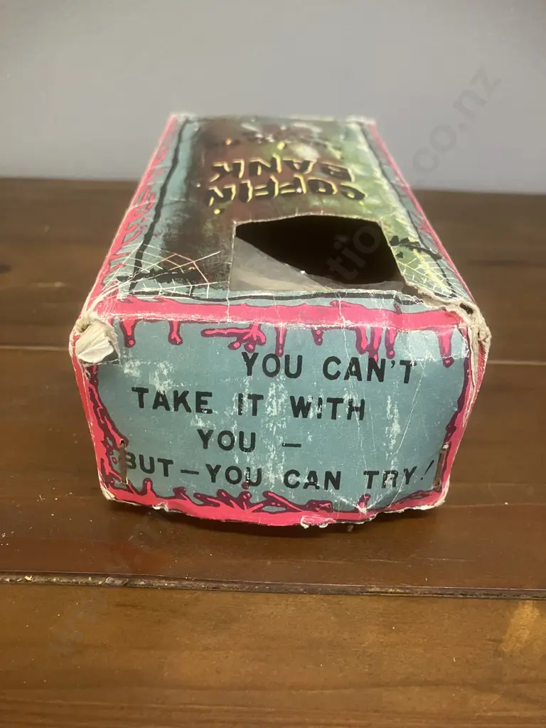 Vintage 1960's Coffin Bank Money Box - Mechanical Wind Up Skeleton Hand Coin Grabber & Box - YONE Japan (Not Working) Image 1++